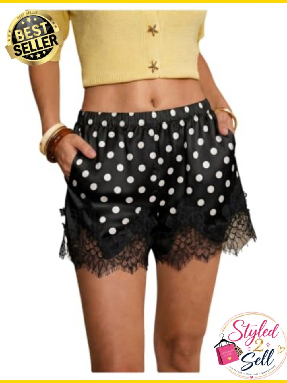 Satin Polka Dots Lace Trim Shorts Elastic Waist Lounge Pockets